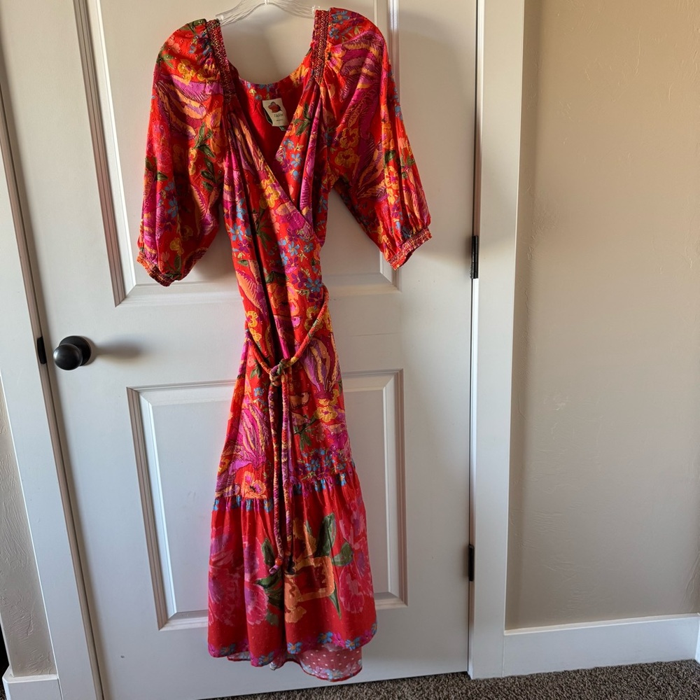 FARM Rio Red Pink Orange Floral Wrap Midi Dress with Puff Sleeves